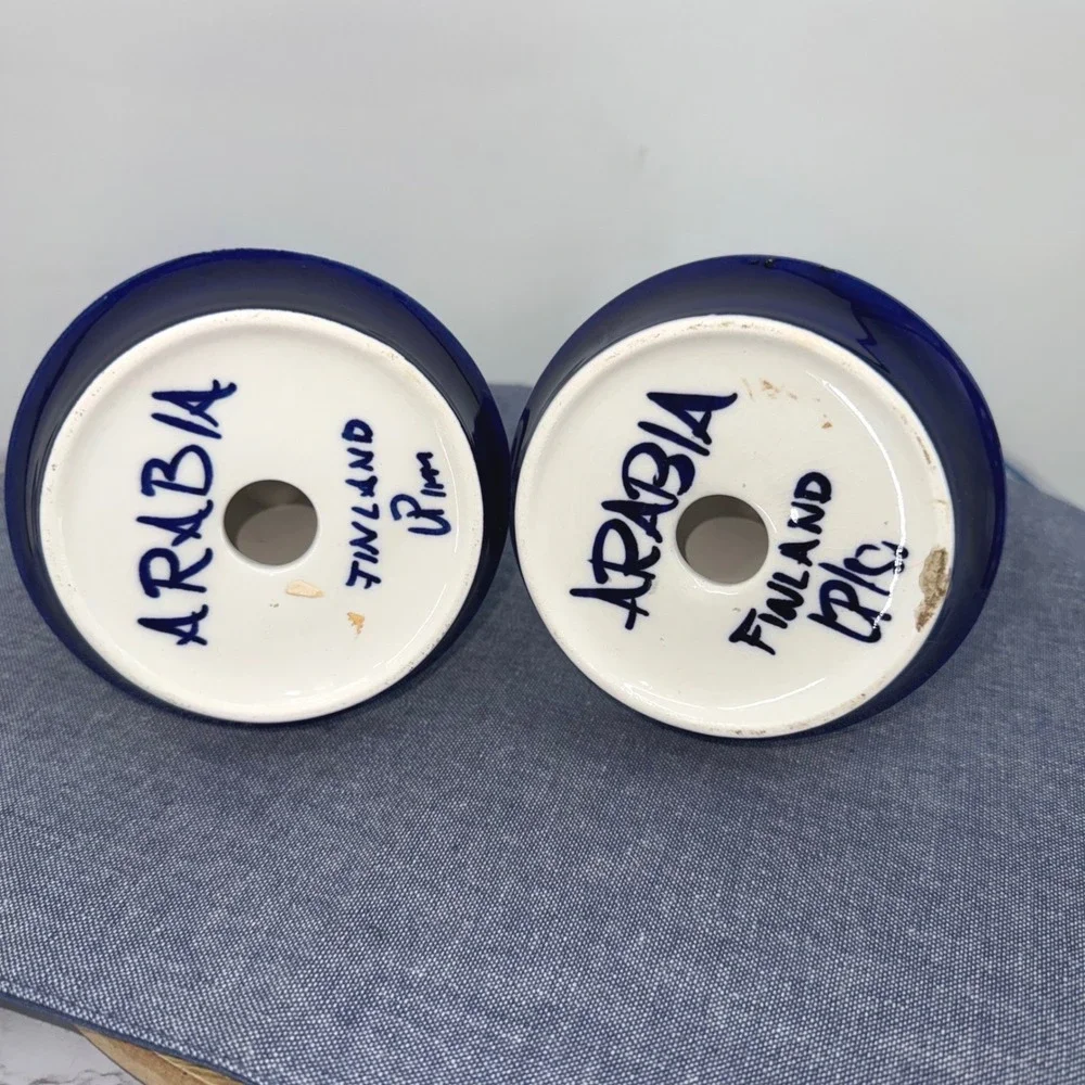 Arabia Finland Valencia Candle Sticks Set 2 Ulla Procope Blue White Hand Painted